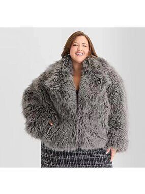 Ashley Graham Size 5X Women’s Plus Shaggy Gray Faux Fur Midweight Cropped Coat